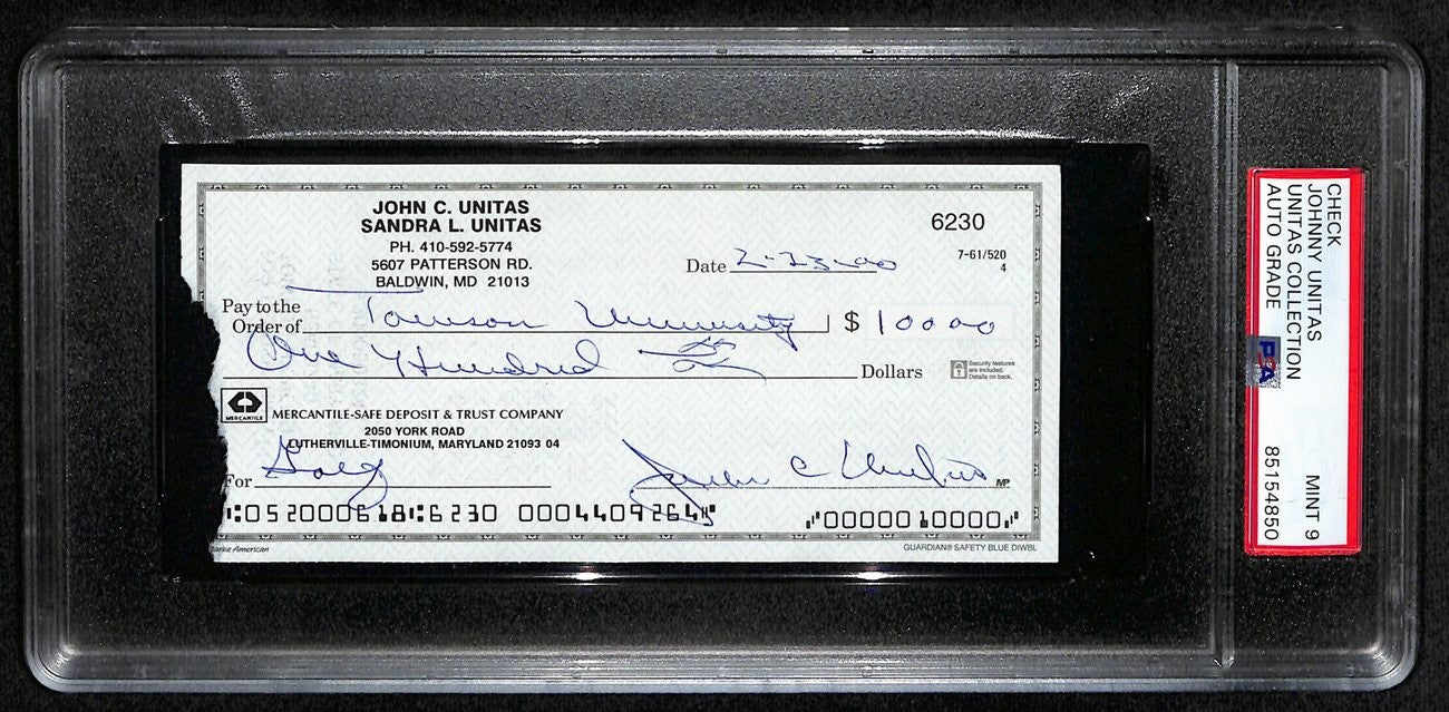 Johnny Unitas Hof Signed/Autographed 2000 Bank Check Colts Psa/Dna Mint 9 189578
