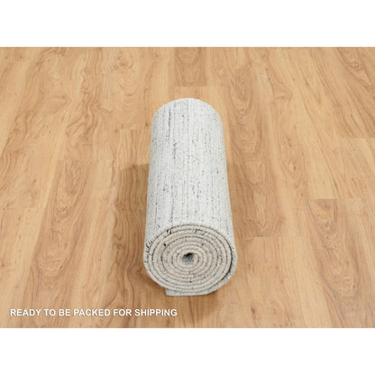 2'6"X12' Ivory Plain Modern Striae Design Wool Hand Loomed Runner Rug