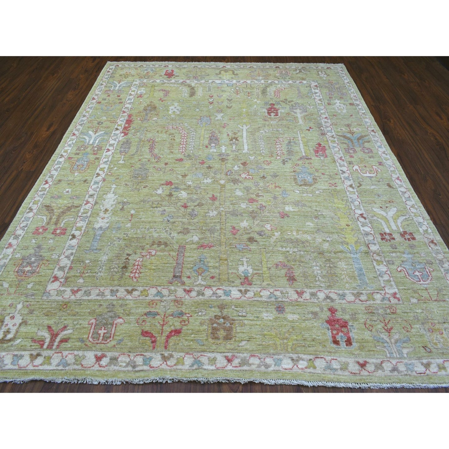 8'X9'9" Lime Green Afghan Angora Ushak Natural Wool Hand Knotted Rug