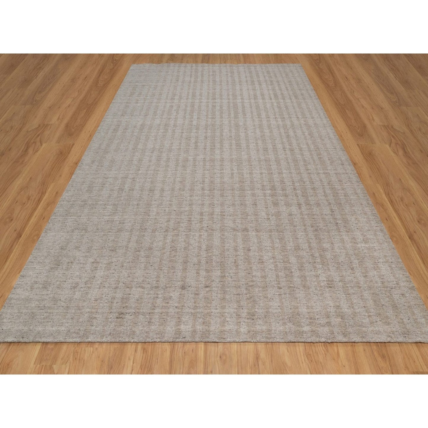 9'X12' Light Brown Vertical Stripes Design Natural Wool Hand Loomed Rug