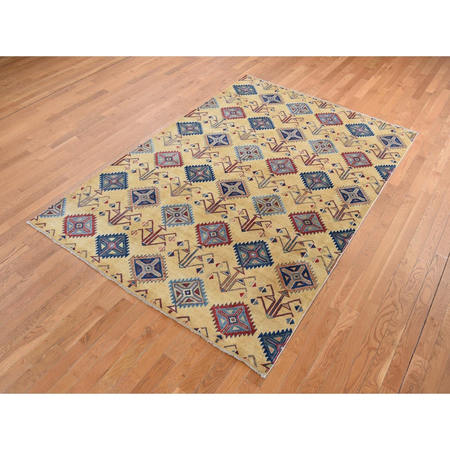 6'1"X9'1" Mellow Yellow Special Kazak Design Hand Knotted Soft Wool Rug