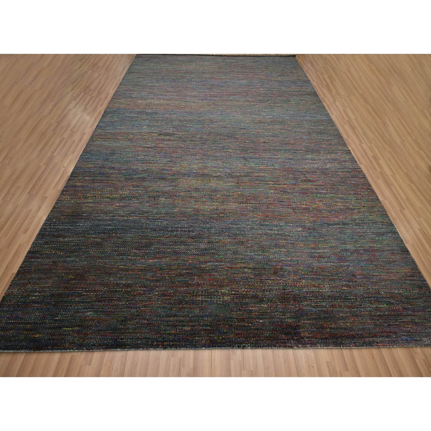 Rug 10'2"x13'10" Gray Modern Hand Knotted Grass Design Wool and Silk