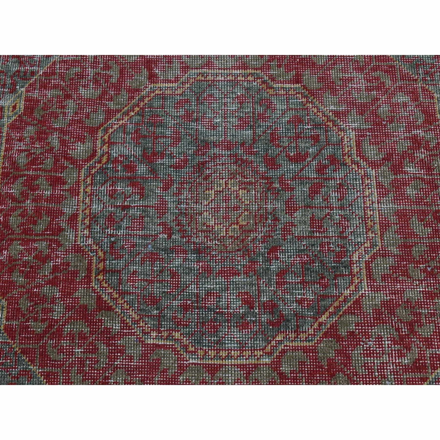 2'6"X9'10" Green Vintage Look Mamluk Worn Wool Hand Knotted Runner Rug