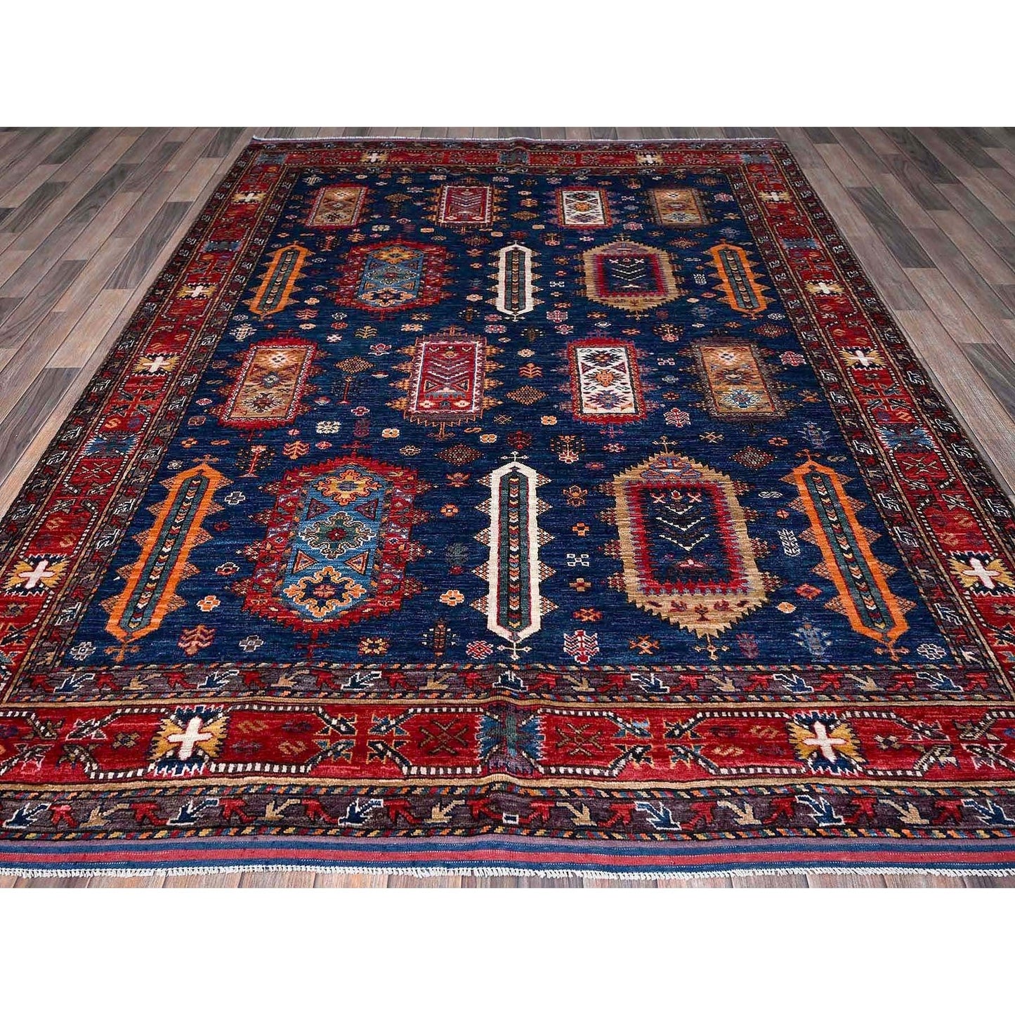6'4"X8'9" Blue Afghan Ersari Caucasian Design Revival Wool Hand Knotted Rug