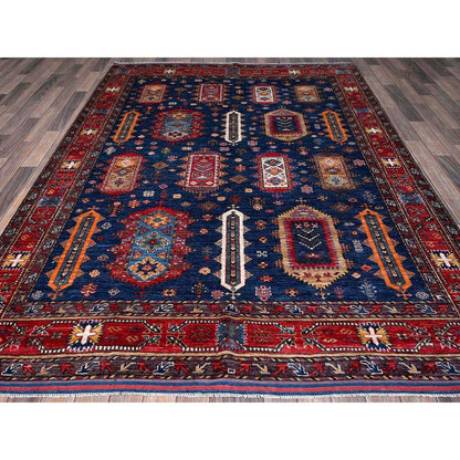 6'4"X8'9" Blue Afghan Ersari Caucasian Design Revival Wool Hand Knotted Rug