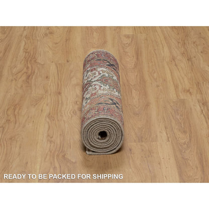 2'5"X10'1" Ivory Wool Rug Antiqued Heris Recreation Hand Knotted Runner