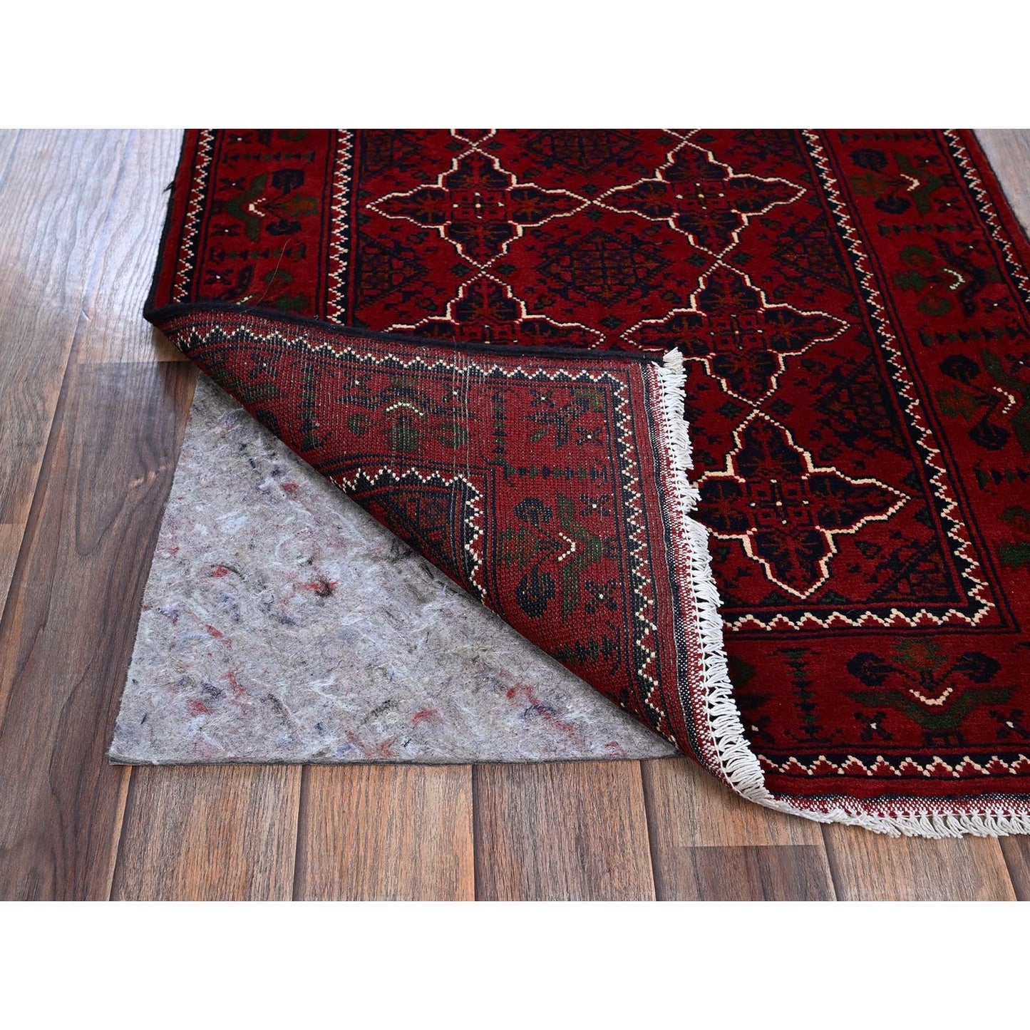 2'3"X4'6" Red Afghan Khamyab Geometric Pattern Hand Knotted Wool Runner Rug