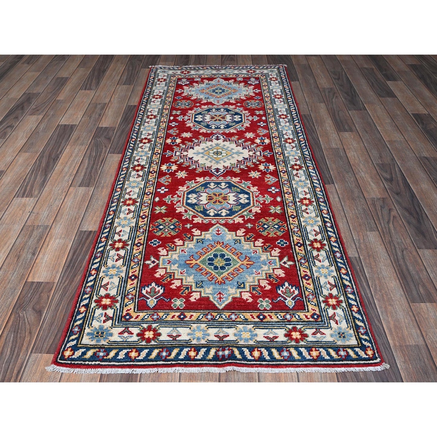 2'8"X6'7" Red Kazak With Geometric Design Soft Wool Hand Knotted Runner Rug