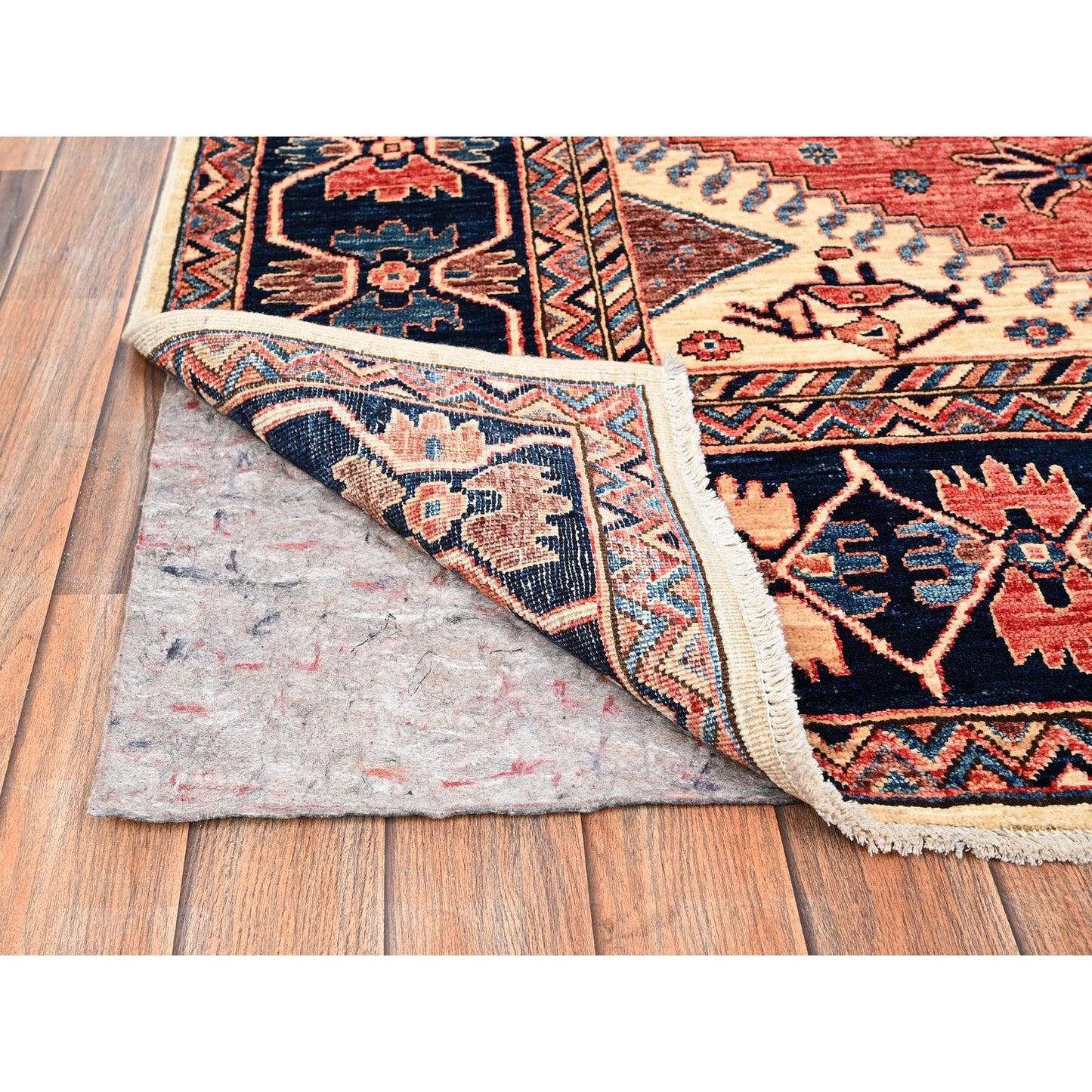 Knotted 4'10"x7'6" Ivory Pure Wool Rug Northwest Zoroastrian Design Hand