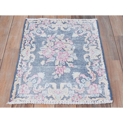 1'6"X2'1" Blue Worn Wool Hand Knotted Vintage Farsian Karman Mat Rug