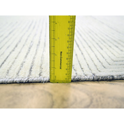 9'X12'1" White Geometric Variegated Line Design All Wool Hand Knotted Rug