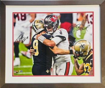 Drew Brees & Tom Brady Signed Postgame Handshake 16X20 Framed Photo (Fanatics)