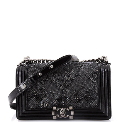 Chanel Boy Flap Bag Sequin With Patent Old Medium