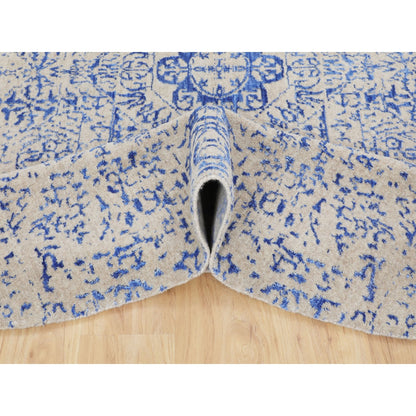 8'X8' Blue Wool And Silk Mamluk Design Jacquard Hand Loomed Round Rug