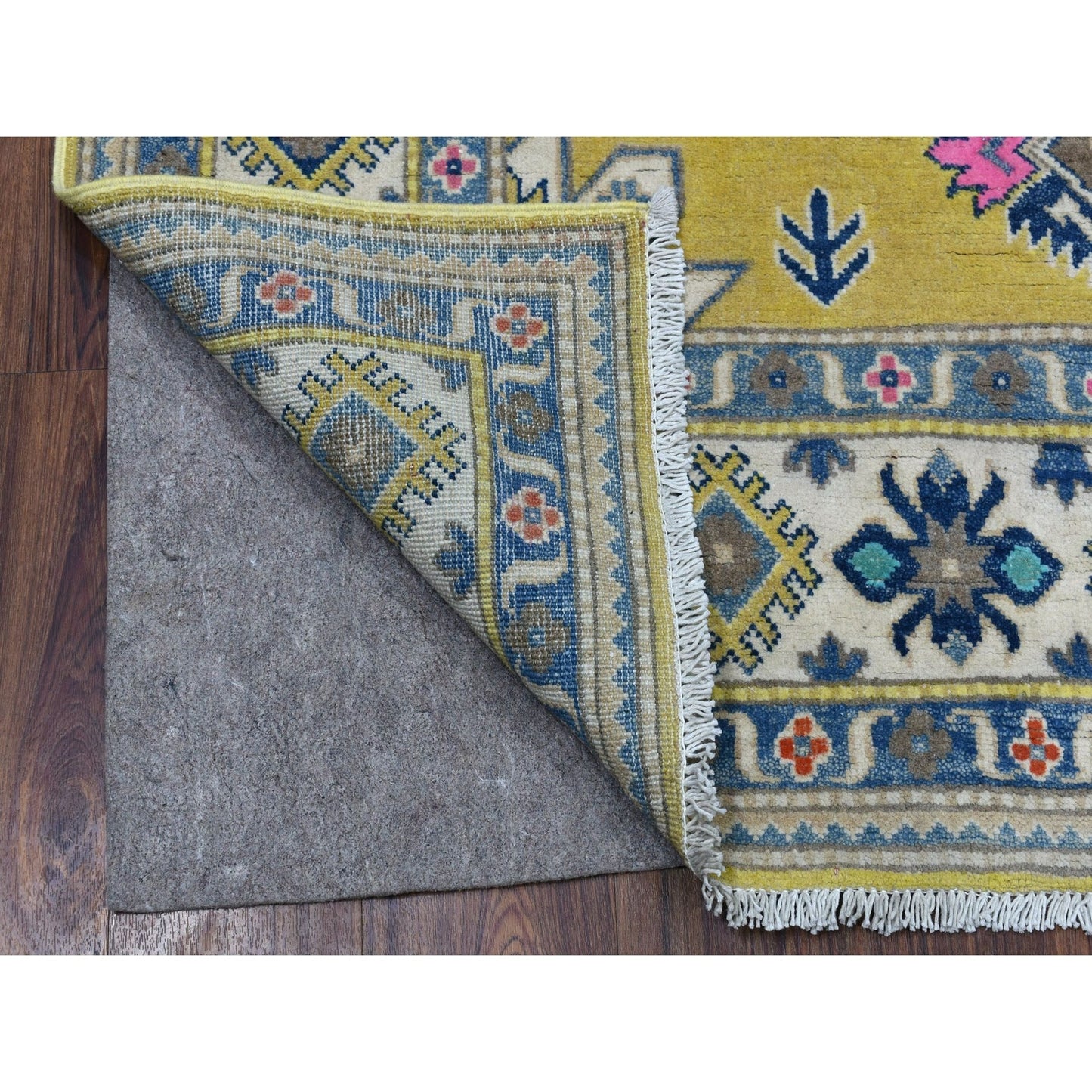 4'10"X6'6" Yellow Fusion Kazak Pure Wool Hand Knotted Oriental Rug