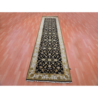 3'1"X12'2" Caviar Black Rajasthan Hand Knotted Wool Silk Runner Rug