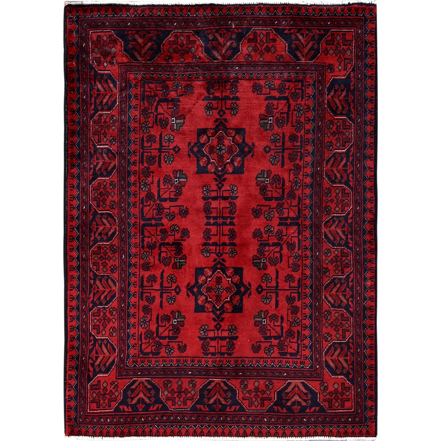 2'9"X3'10" Red Afghan Khamyab Geometric Pattern Soft Wool Hand Knotted Rug