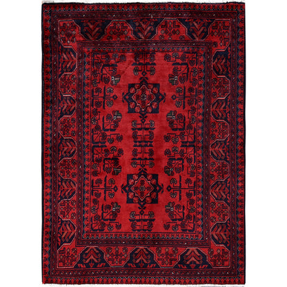 2'9"X3'10" Red Afghan Khamyab Geometric Pattern Soft Wool Hand Knotted Rug