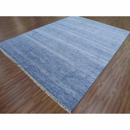 9'1"X12'2" Blue Hand Knotted Grass Design Gabbeh Wool And Silk Rug