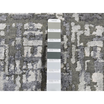 8'2"X8'2" Gray Wool And Silk Abstract Design Hand Knotted Round Rug