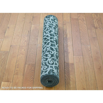 2'9"X8' Green Modern Hand Knotted Wool And Silk Runner Oriental Rug