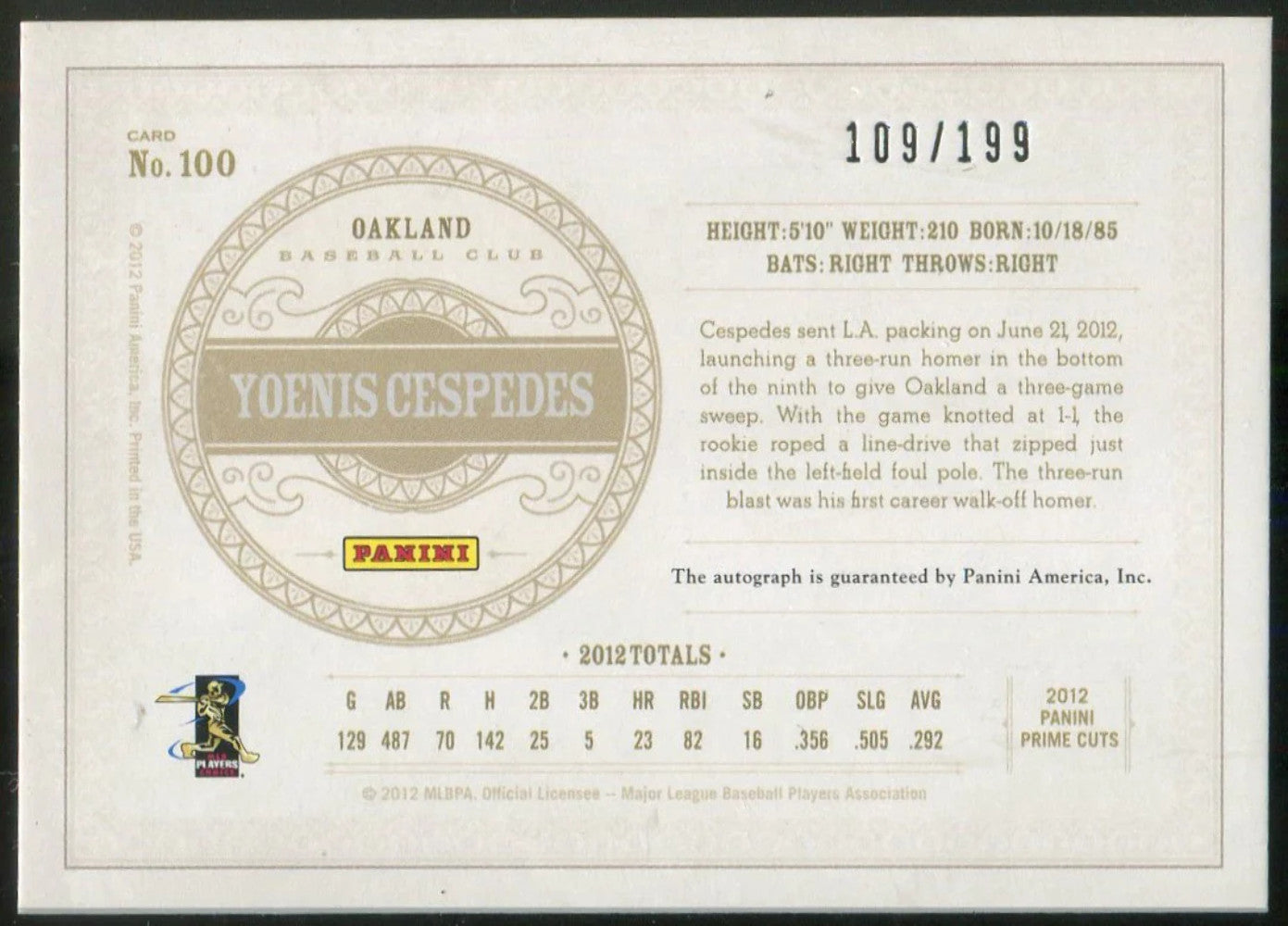Yoenis Cespedes 2012 Panini Playoff Prime Cuts