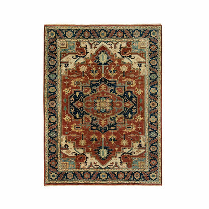 4'1"X6' Hand Knotted Red Antiqued Heris Re-Creation Geometric Design Rug