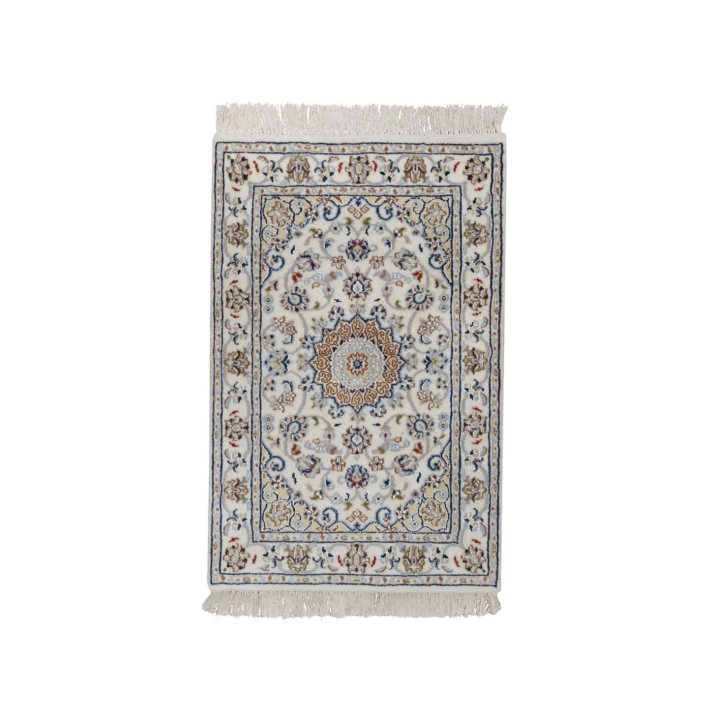 2'X3'1" Ivory Nain With Flower Design Hand Knotted Wool And Silk Mat Rug