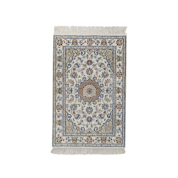 2'X3'1" Ivory Nain With Flower Design Hand Knotted Wool And Silk Mat Rug