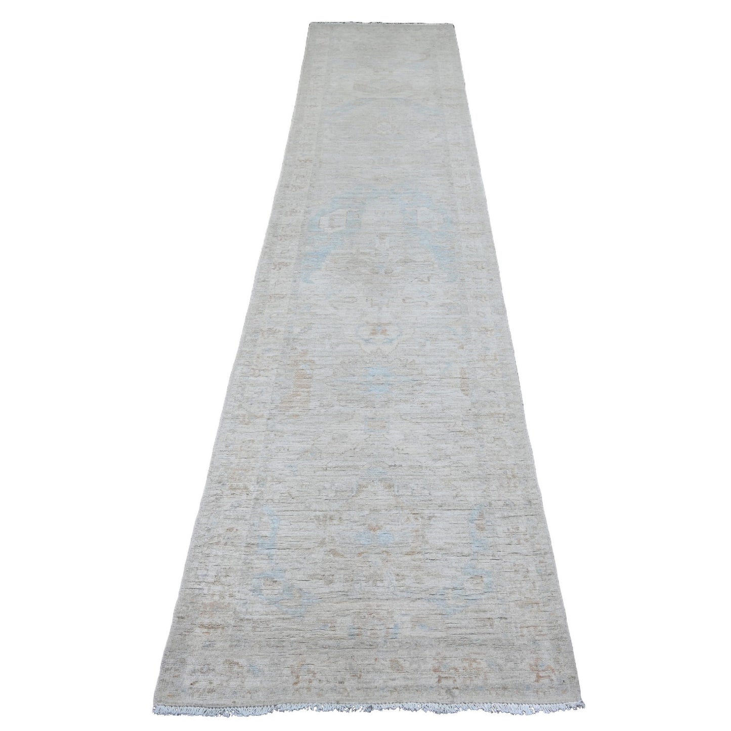2'6"X11'7" Gray Oushak With Dragon Design Wool Hand Knotted Runner Rug