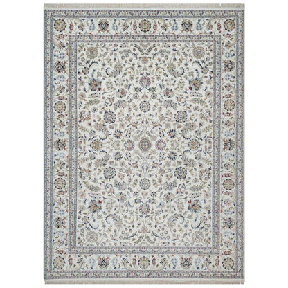 9'X12'1" White Hand Knotted Nain Flower Design Wool And Silk 250 Kpsi Rug