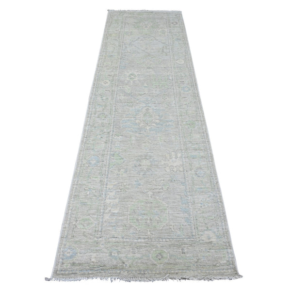 2'9"X9'7" Gray Angora Oushak Leaf Design Hand Knotted All Wool Runner Rug