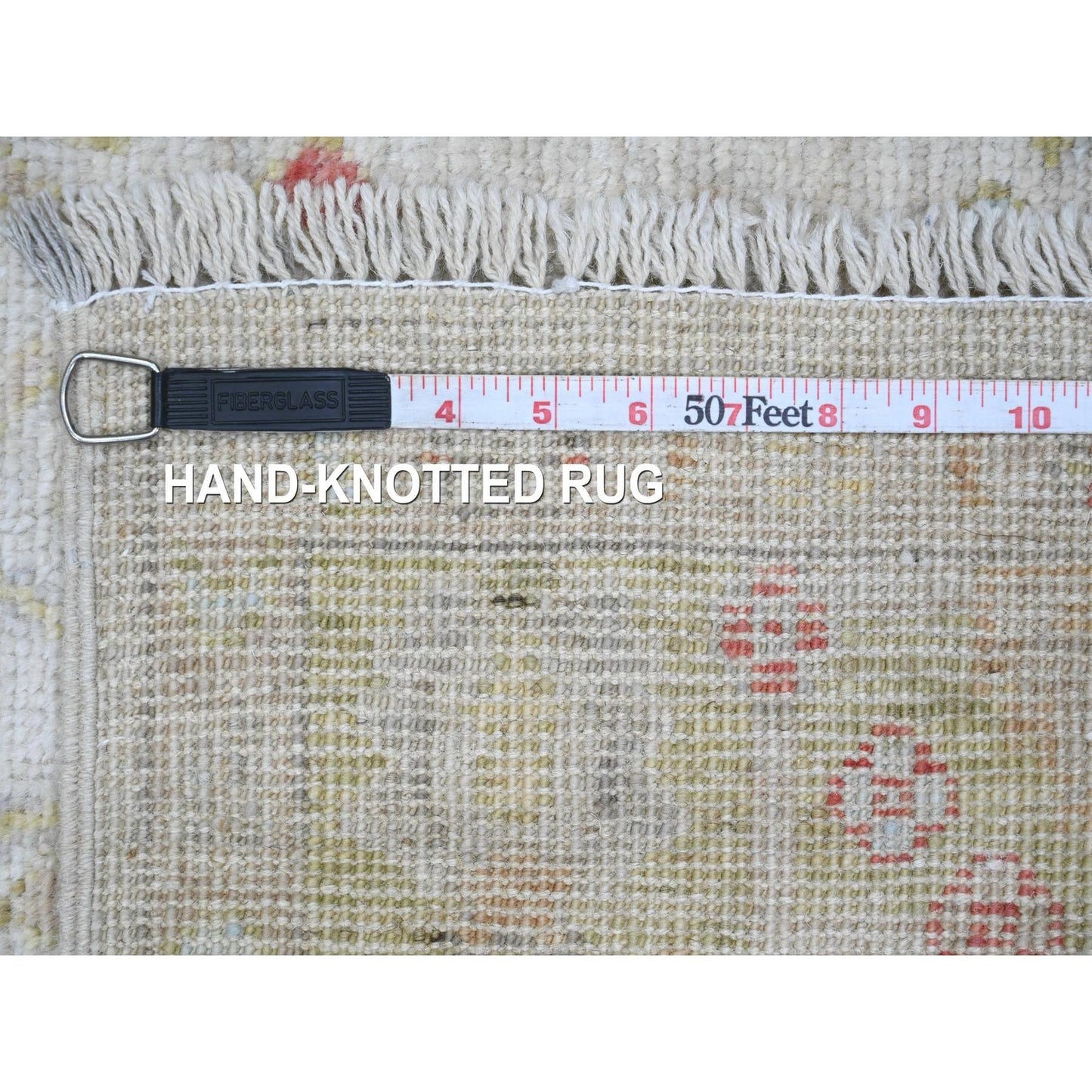 4'X9'10" White Hand Knotted Angora Oushak Floral Pattern Wool Runner Rug