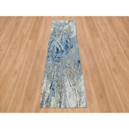 2'7"X8'1" Gray Abstract Design Wool And Silk Hand Knotted Runner Rug