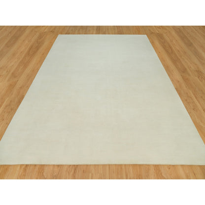9'X12' Comfort Ivory Modern Loom Knotted Wool And Silk Plain Oriental Rug