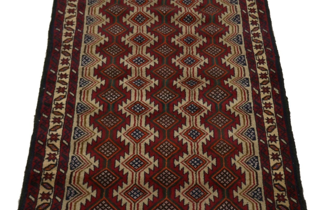 Handmade Vintage Oriental Rug 3'5X7 ft Tribal Geometric Style Foyer Area Carpet