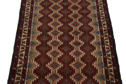 Handmade Vintage Oriental Rug 3'5X7 ft Tribal Geometric Style Foyer Area Carpet