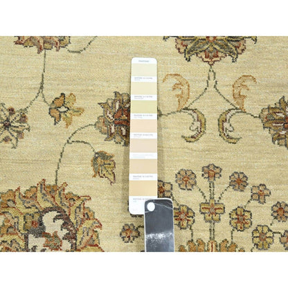 5'5"X8' Linen White Agra Colorful Leaf Pattern Hand Knotted Pure Wool Rug