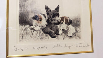 Framed Kurt Meyer-Eberhardt Puppies Etching Hand-Colored Original Engraving