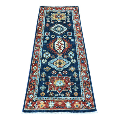 2'6"X6'1" Blue Karajeh Design Pure Wool Fine Aryana Runner Oriental Rug
