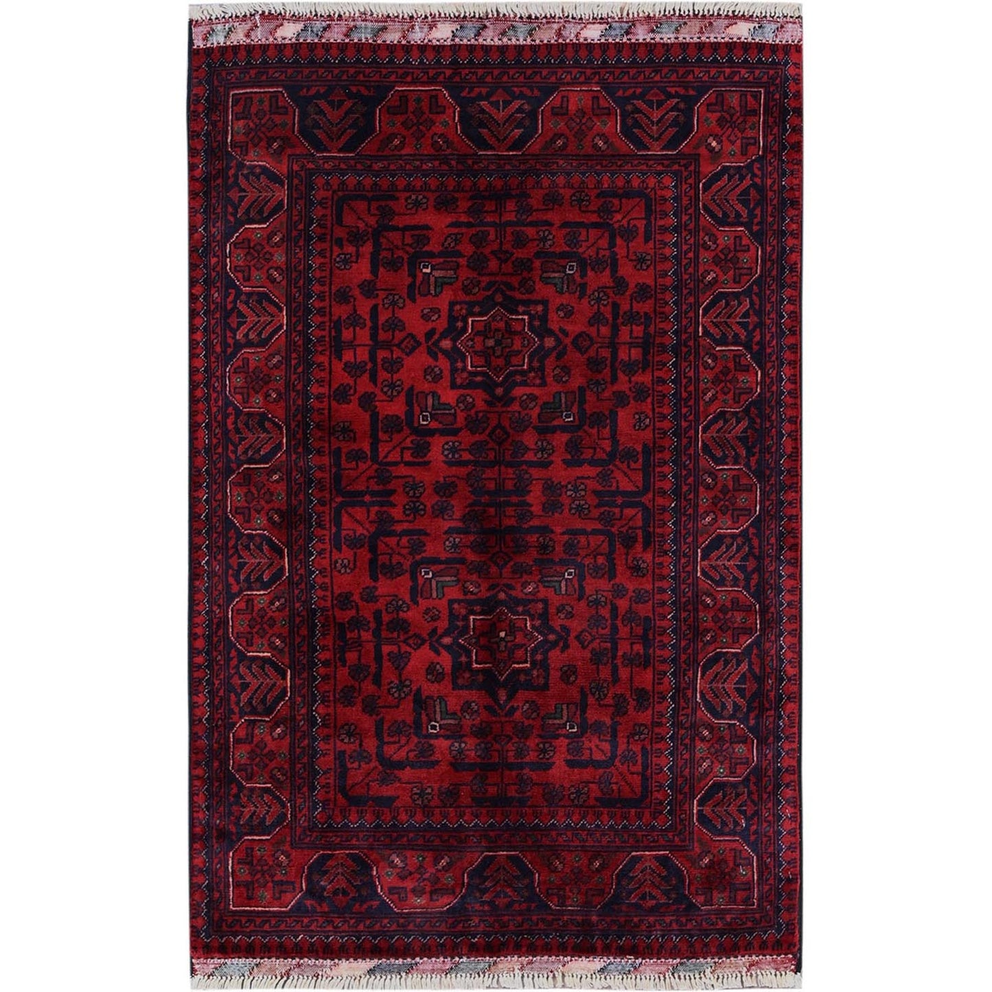 2'7"X3'10" Red Hand Knotted Afghan Khamyab Geometric Design Wool Sample Rug