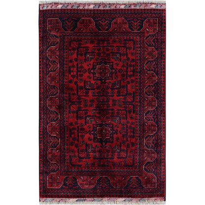 2'7"X3'10" Red Hand Knotted Afghan Khamyab Geometric Design Wool Sample Rug