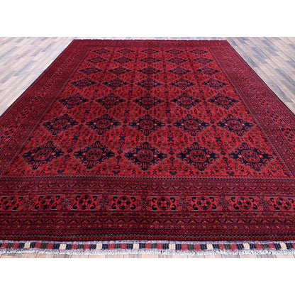 9'9"X12'8" Red Afghan Khamyab Geometric Pattern Hand Knotted Soft Wool Rug