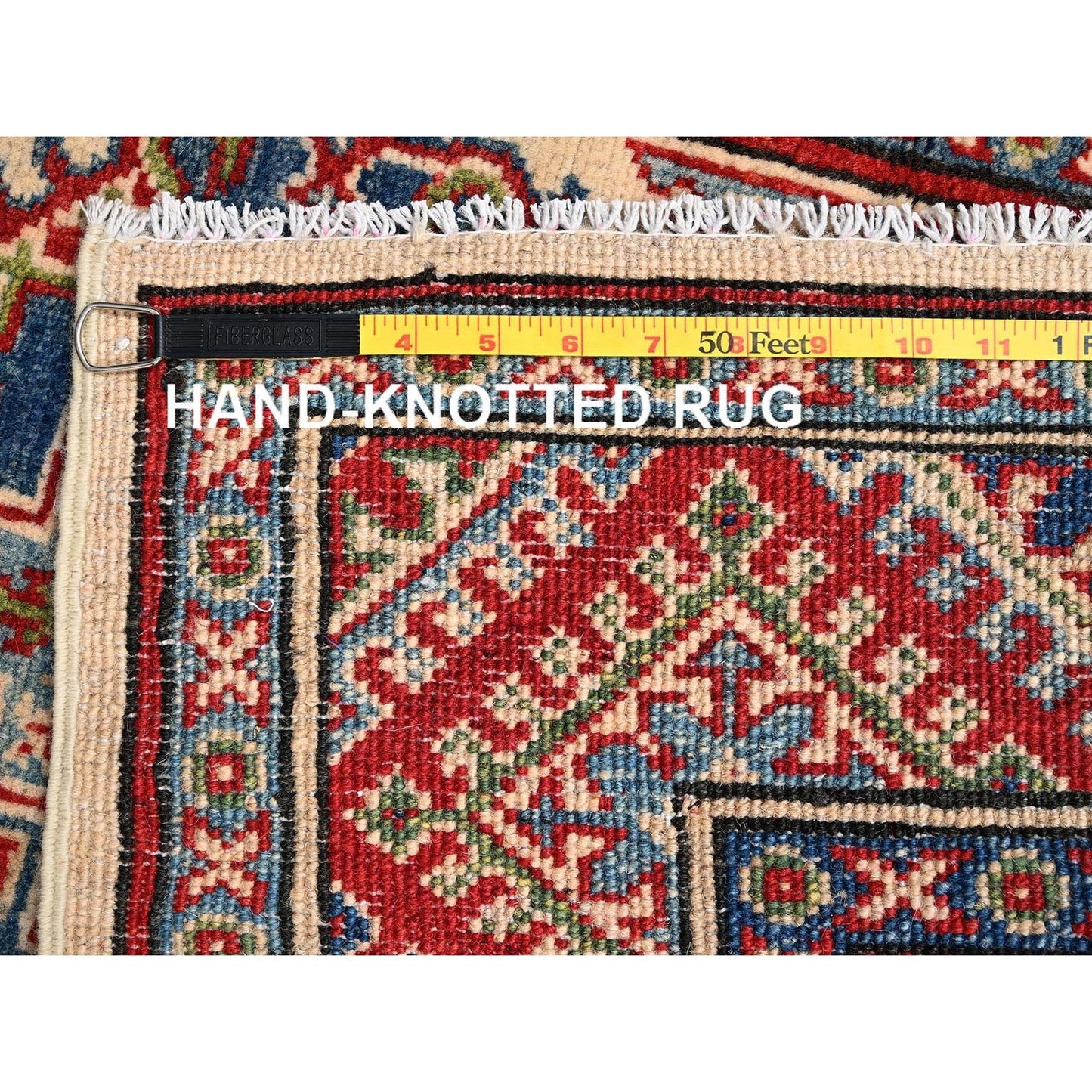 3'X15'5" Ivory Kazak With Geometric Design Rug Hand Knotted Wool Runner