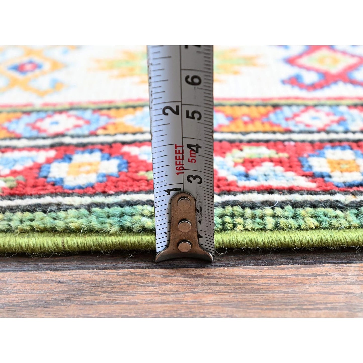 3'4"X5' Swamp Green Kazak With Geometric Design Hand Knotted Pure Wool Rug