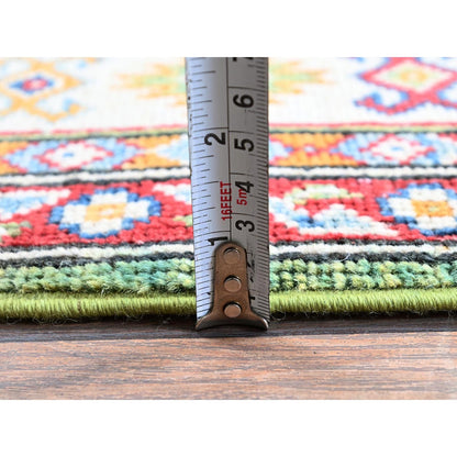 3'4"X5' Swamp Green Kazak With Geometric Design Hand Knotted Pure Wool Rug