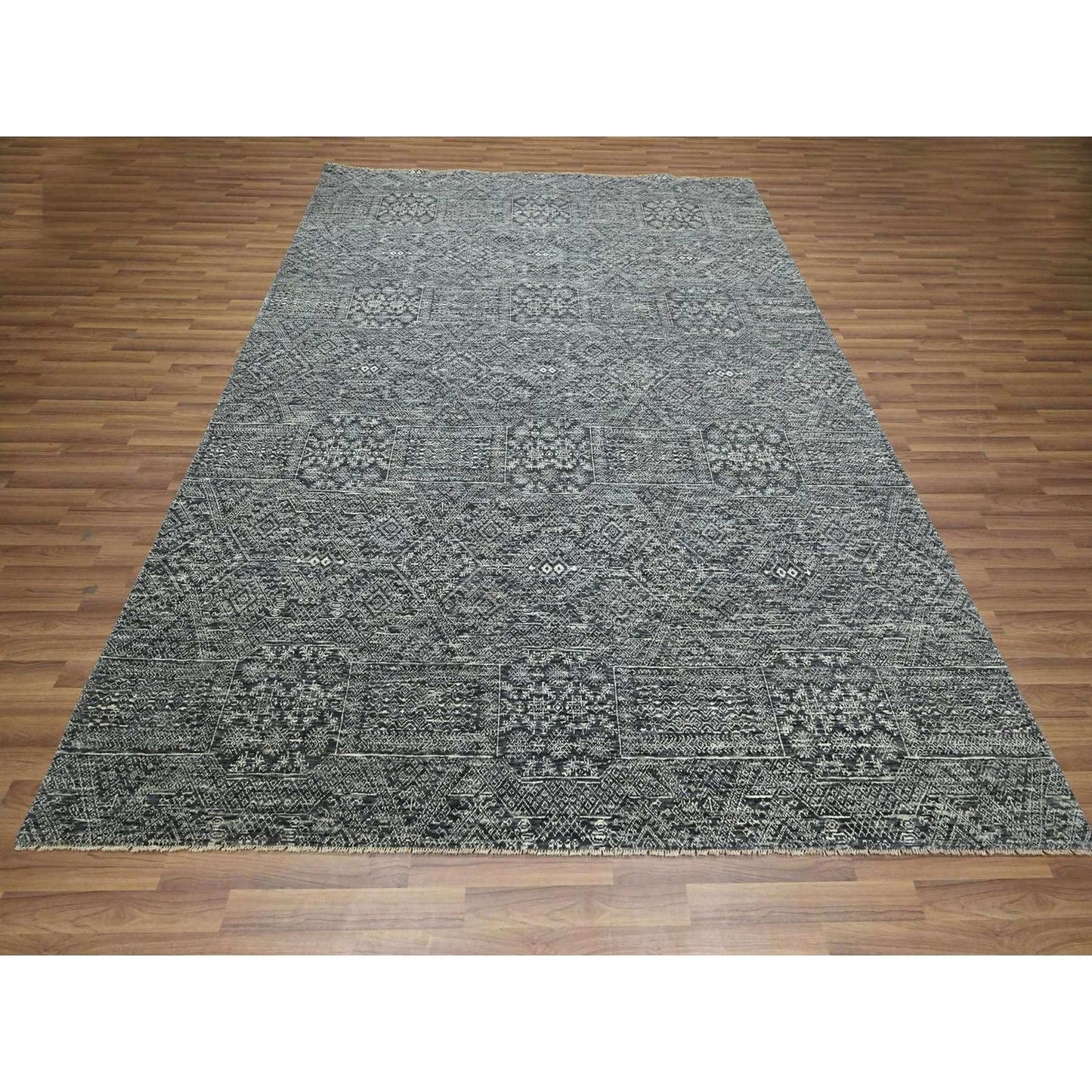 Rug 7'10"x10' Gray Intricate Geometric Design Wool and Silk Hand Knotted
