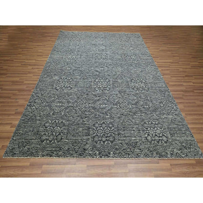 Rug 7'10"x10' Gray Intricate Geometric Design Wool and Silk Hand Knotted