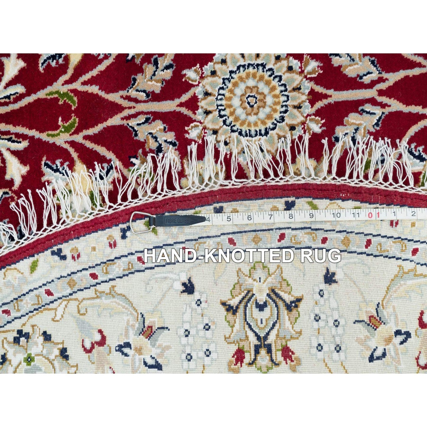 6'X6' Red 250 Kpsi Organic Wool Hand Knotted Nain Design Round Rug