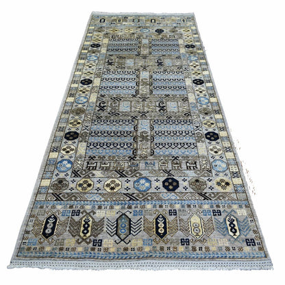 4'1"X9'7" Gray Turkeman Ersari Pure Wool Hand Knotted Wide Runner Rug